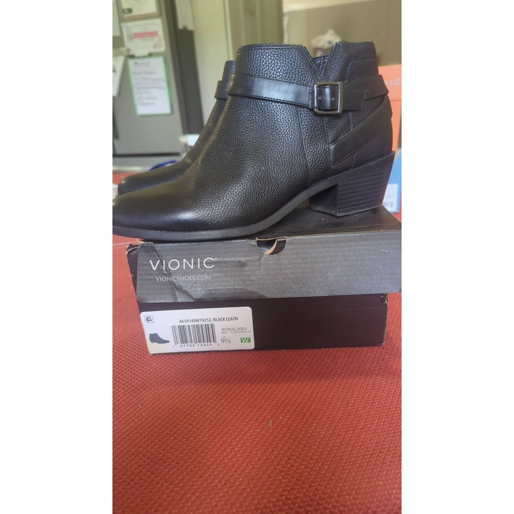 Vionic Black Pebbled Leather Buckle Ankle Boots Block Heel Side Zip - Picture 9 of 11